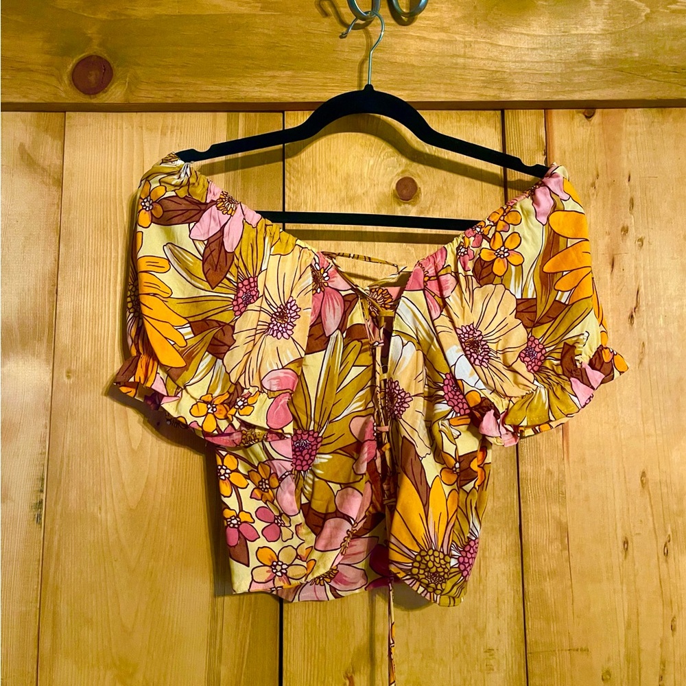 Angie Puff Sleeve Crop Blouse Pink Orange